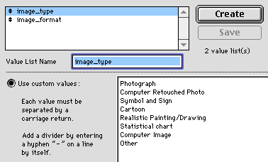 File Maker Pro Image Bank's valuelist
