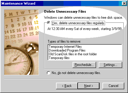 Delete temp files in  Microsoft Windows 98